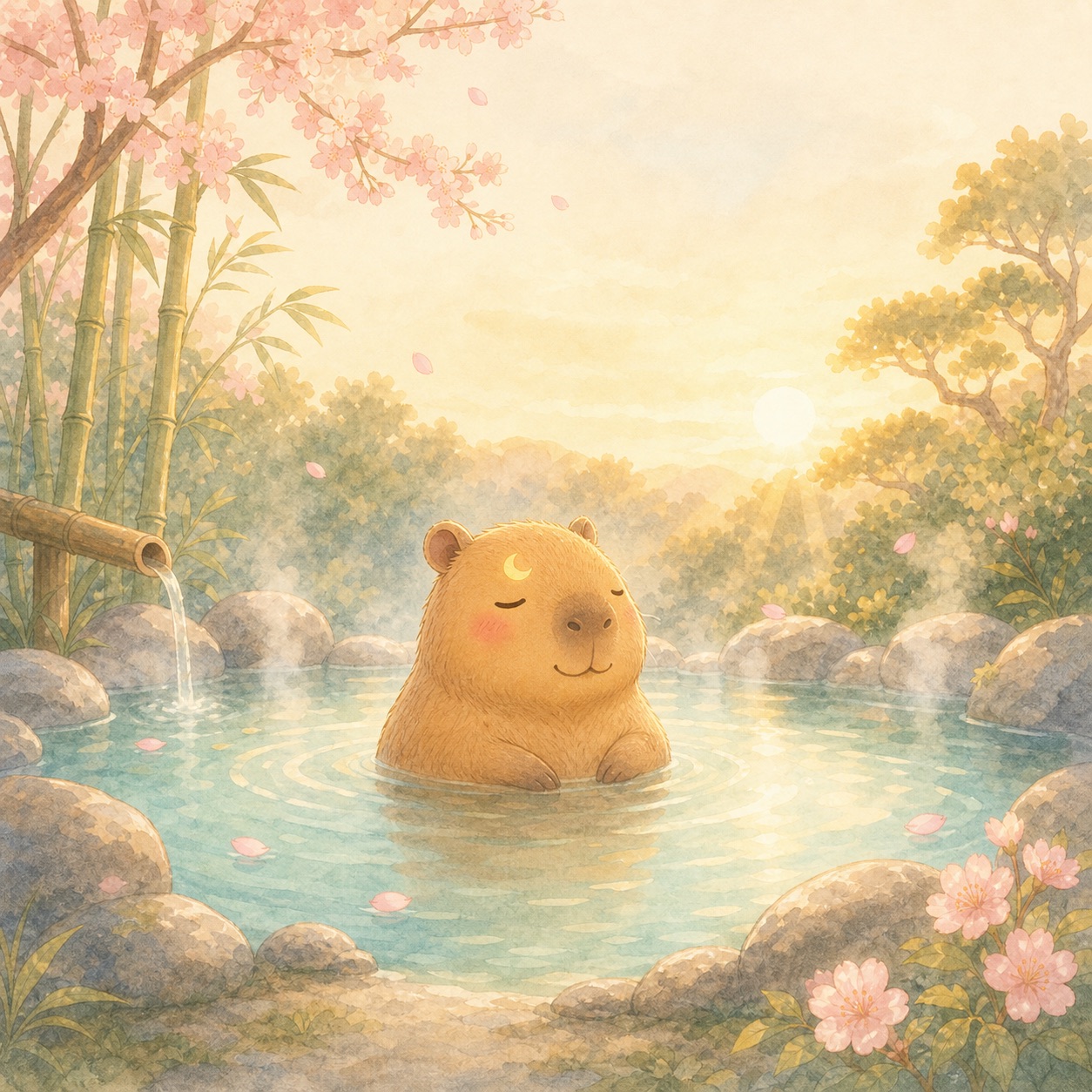 Moon Capy in a morning hot spring